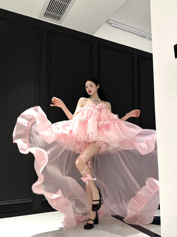 Cute A Line Strapless Floral Pink Organza Long Sweep Prom Dress Party Dress HZ1023